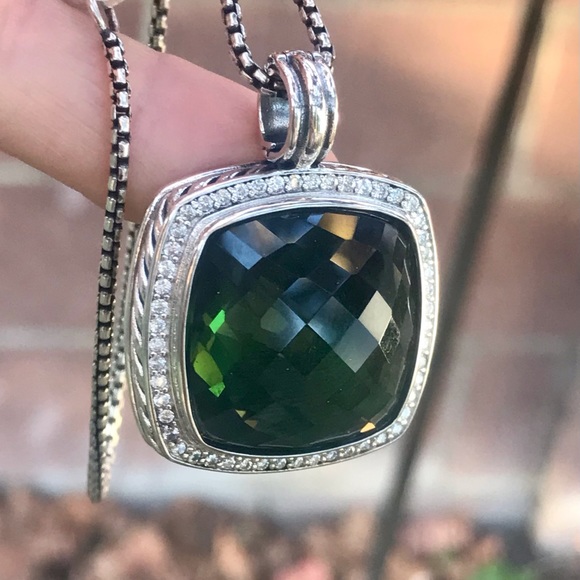 David Yurman 925 Silver Albion 20mm Prasiolite & Diamond Pendant With Chain - Picture 12 of 14